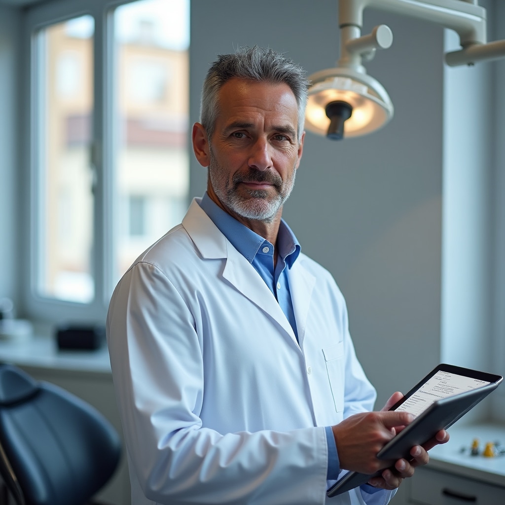 Consulente clinico con sfondo studio dentistico, uomo con camice bianco