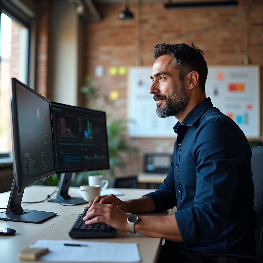 Sviluppatore principale del software DaqiqTix, uomo in camicia, concentrato