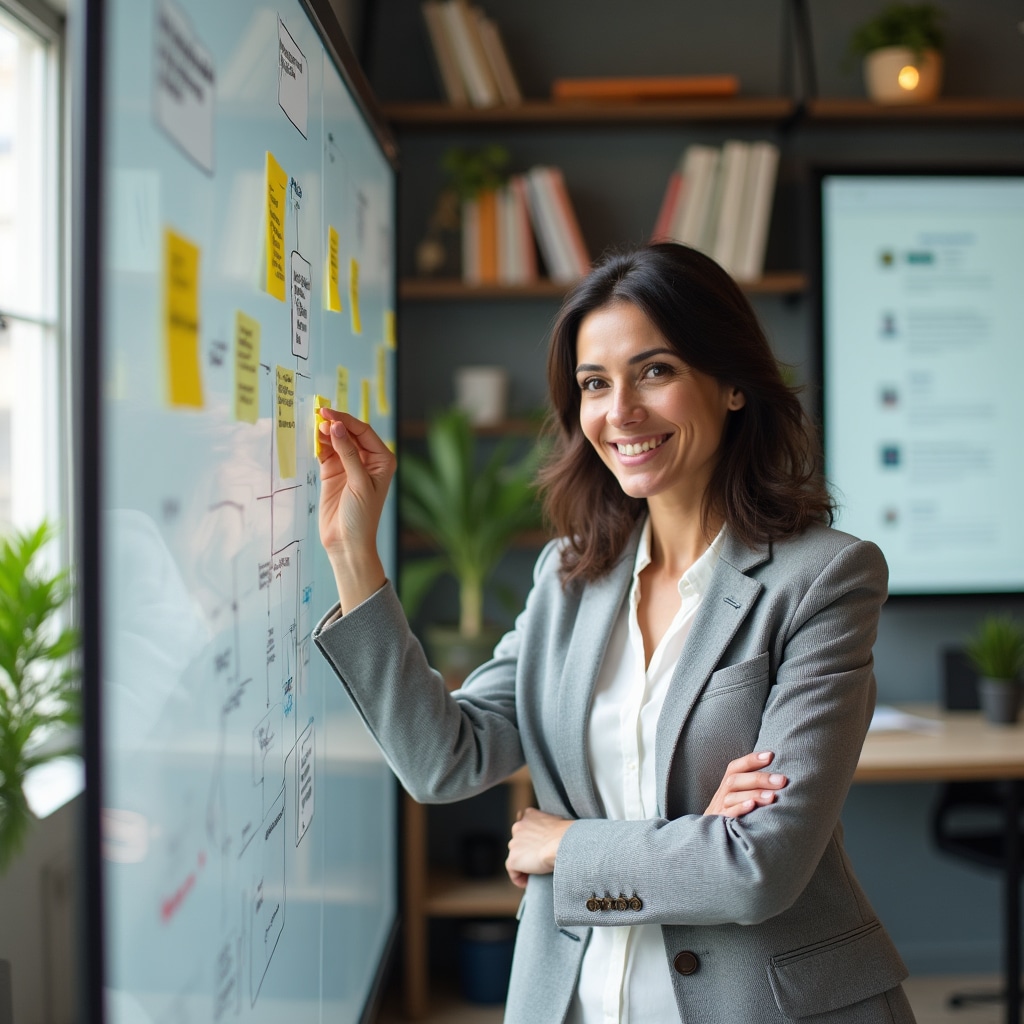 Product manager donna, sorridente, ambiente ufficio creativo